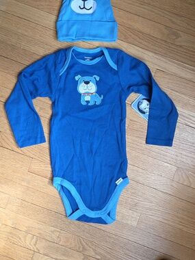Gerber Blue Long-Sleeve Onesie and Puppy Hat Set 24M
